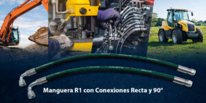 Las mangueras industriales R1 con conexiones rectas y 90° ofrecen alta resistencia y durabilidad en sistemas hidráulicos.